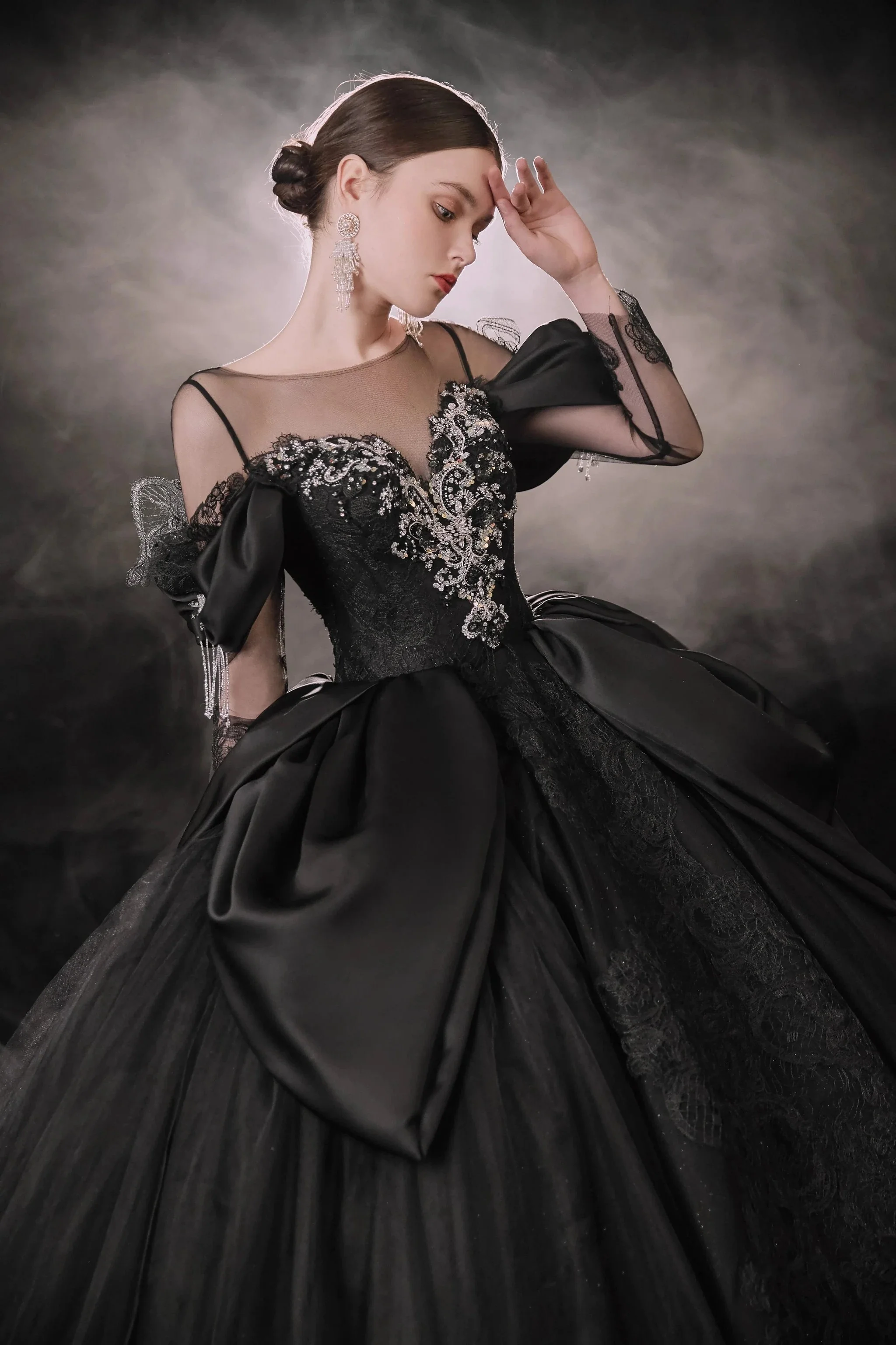 Dramatic Black Ball Gown Illusion Neckline Satin Puff Sleeve Beaded Lace Wedding Dress with Oversized Train E-305 - Image 8