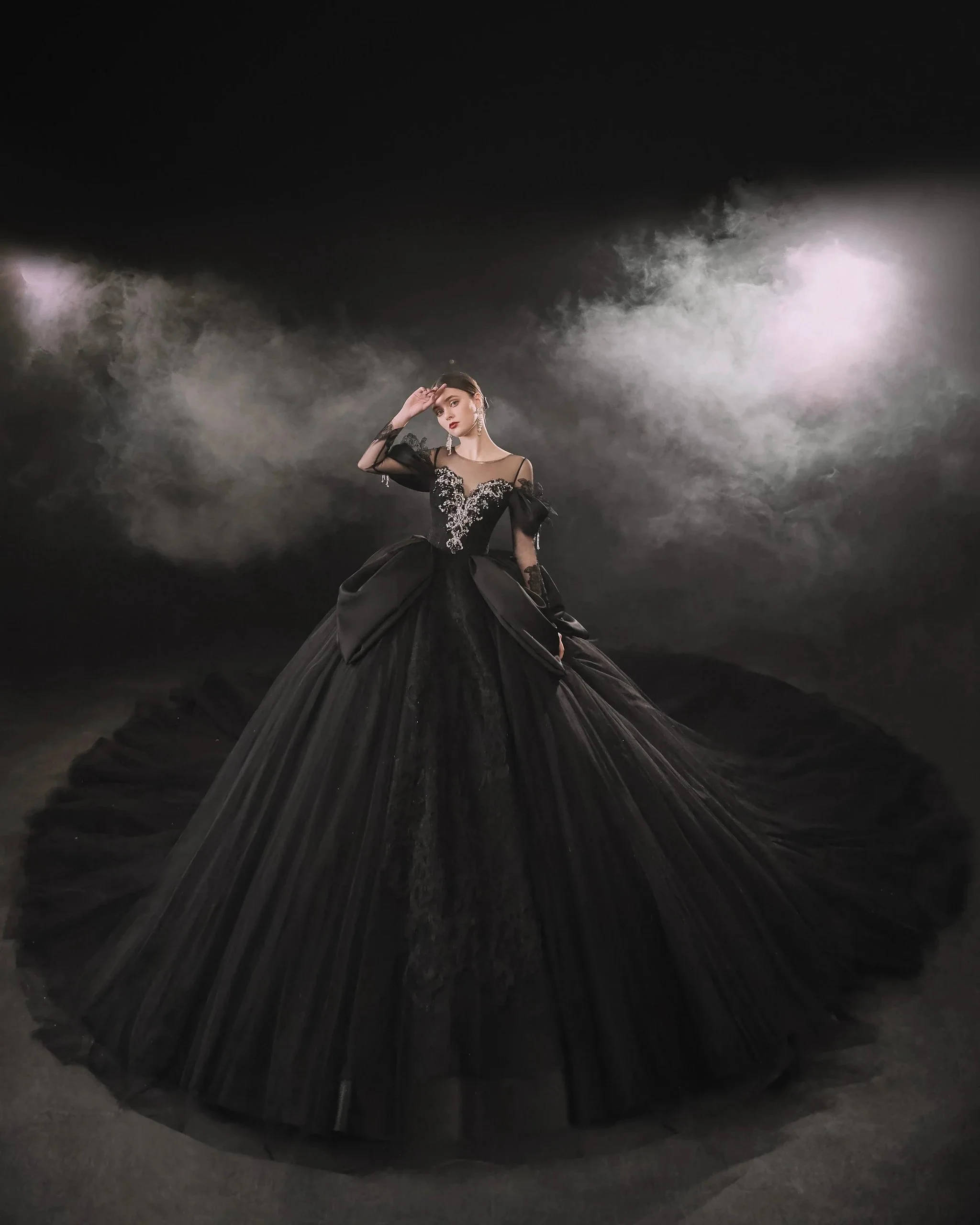 Dramatic Black Ball Gown Illusion Neckline Satin Puff Sleeve Beaded Lace Wedding Dress with Oversized Train E-305 - Image 9