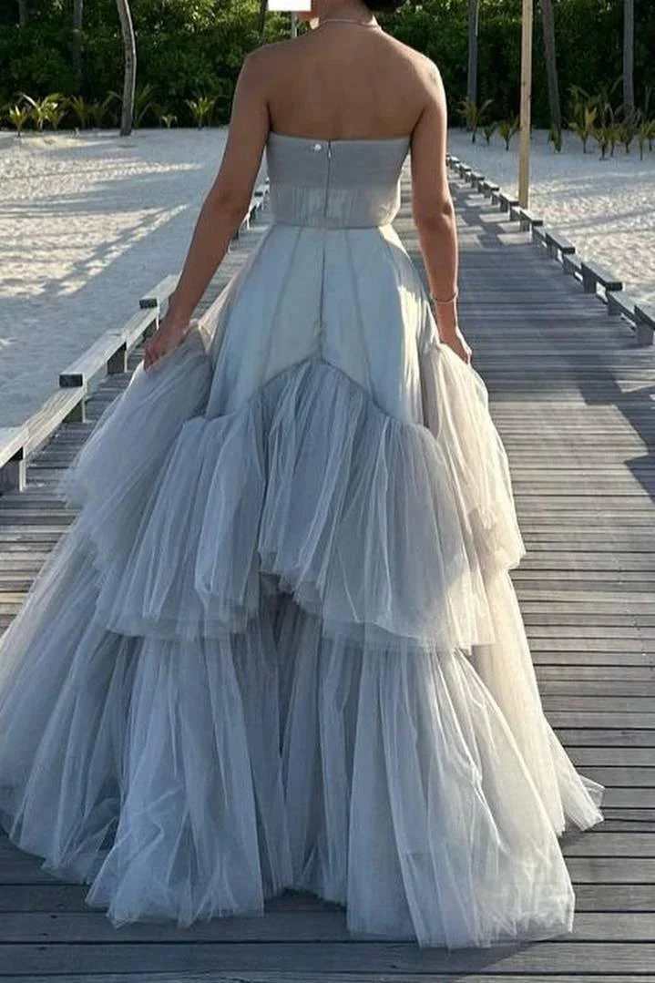 Mika | Strapless A-Line Tulle Long Prom Dress With Beading - Image 2