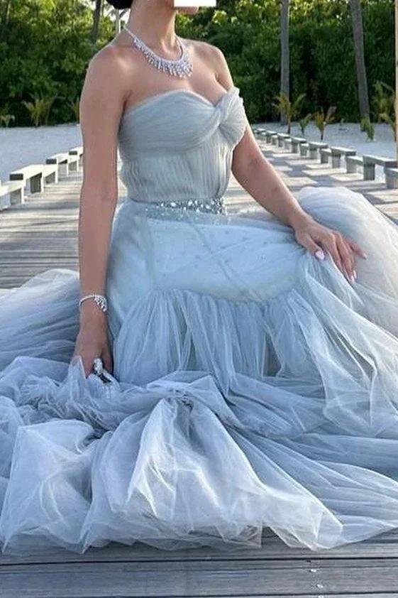 Mika | Strapless A-Line Tulle Long Prom Dress With Beading - Image 3