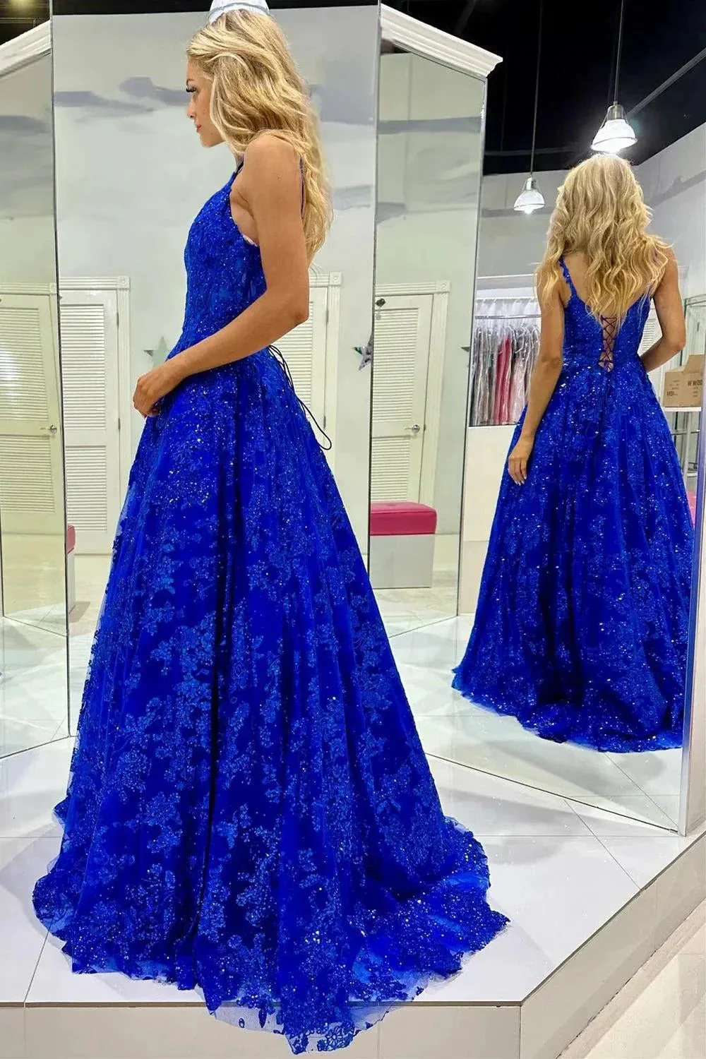 Mikaela | Royal Blue Sequin Lace V-Neck A-Line Long Prom Dress - Image 2