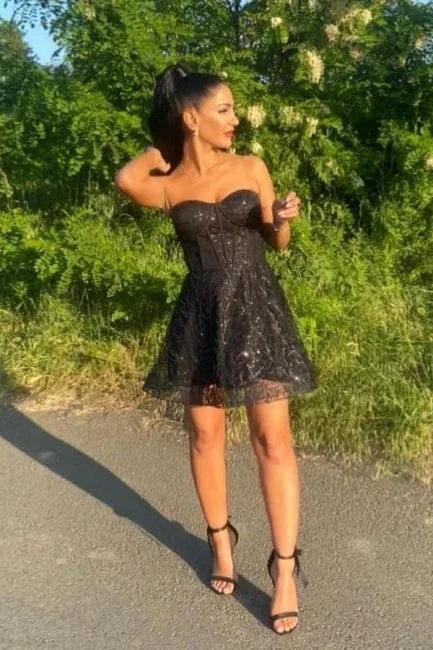 Mini Black Sweetheart Tulle Sleeveless A-Line Strapless Prom Dresses with Lace - Image 2