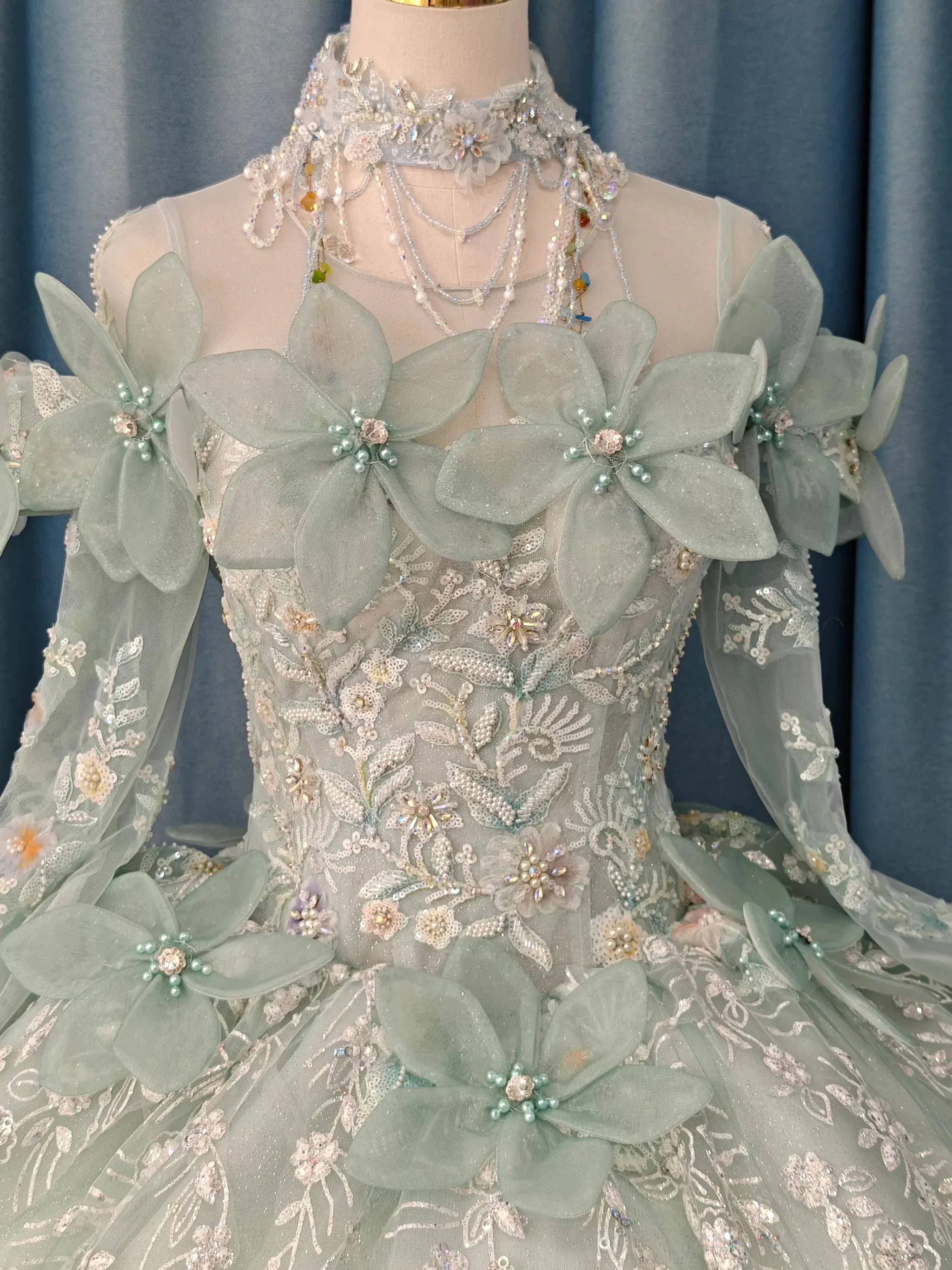 Fairy-Tale Mint Green High-Neck Ball Gown Wedding Dress with 3D Organza Flowers & Crystal Embroidery Ye-2025 - Image 2