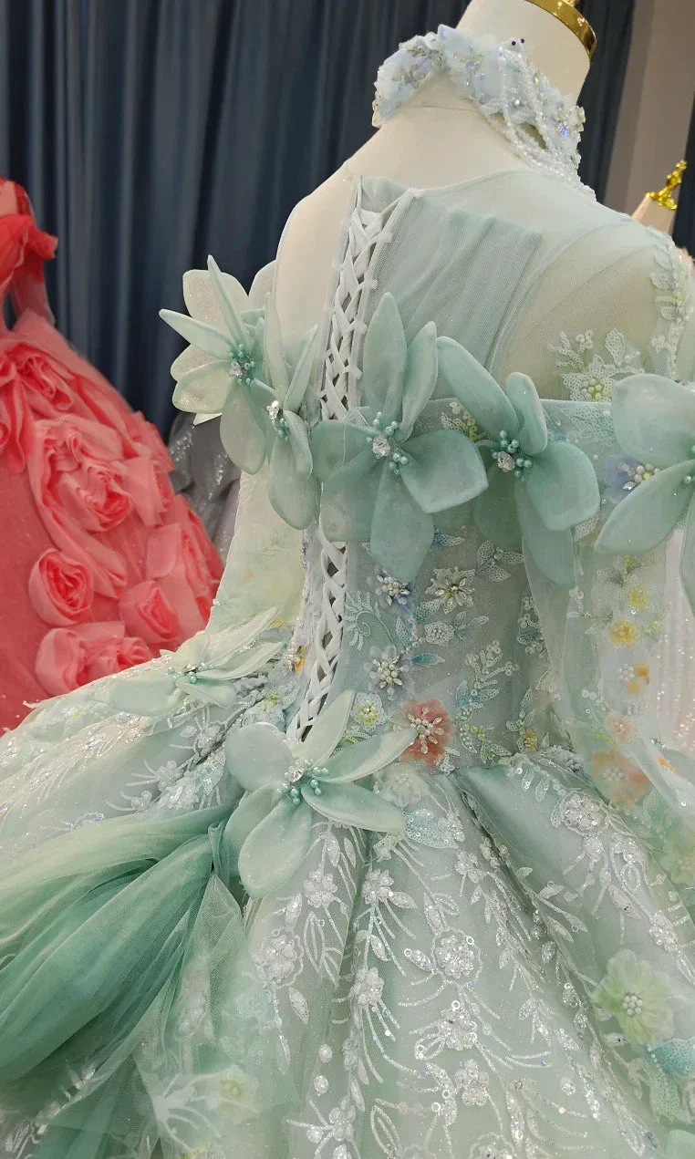 Fairy-Tale Mint Green High-Neck Ball Gown Wedding Dress with 3D Organza Flowers & Crystal Embroidery Ye-2025 - Image 4