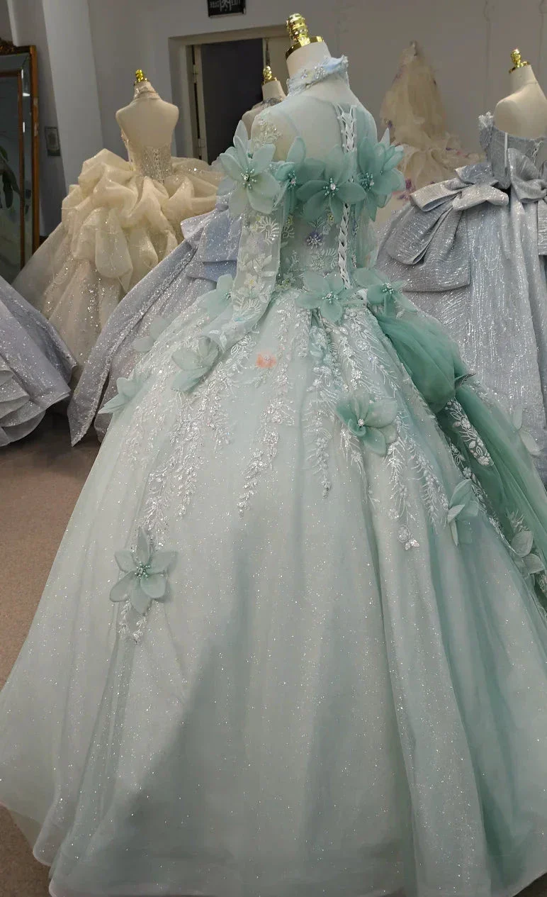 Fairy-Tale Mint Green High-Neck Ball Gown Wedding Dress with 3D Organza Flowers & Crystal Embroidery Ye-2025 - Image 5