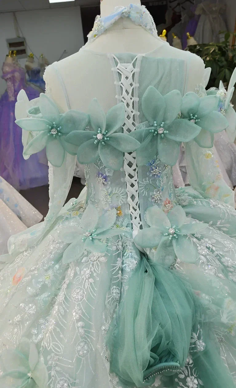 Fairy-Tale Mint Green High-Neck Ball Gown Wedding Dress with 3D Organza Flowers & Crystal Embroidery Ye-2025 - Image 6