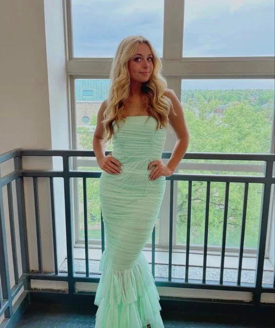 Mint Green Bandeau Fishtail Maxi Dress with Tiered Hem,Charming Mint Green Evening Dress  Y1526 - Image 2