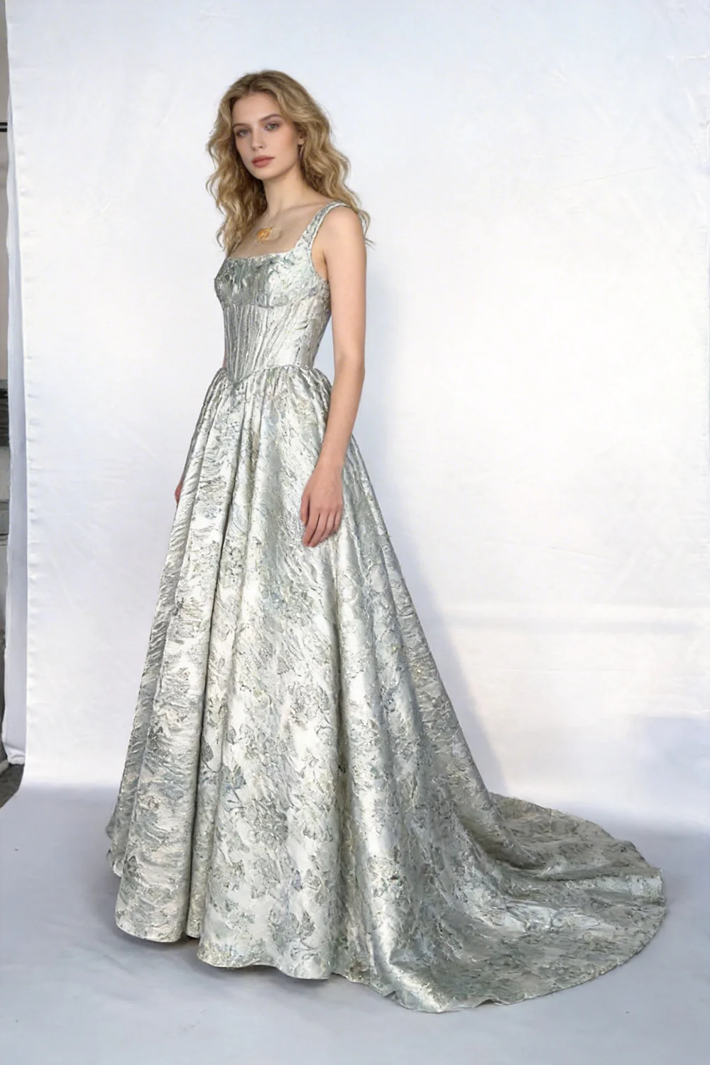 Mint Green Metallic Jacquard Ball Gown With Square Neck and Corset Bodice - Image 3