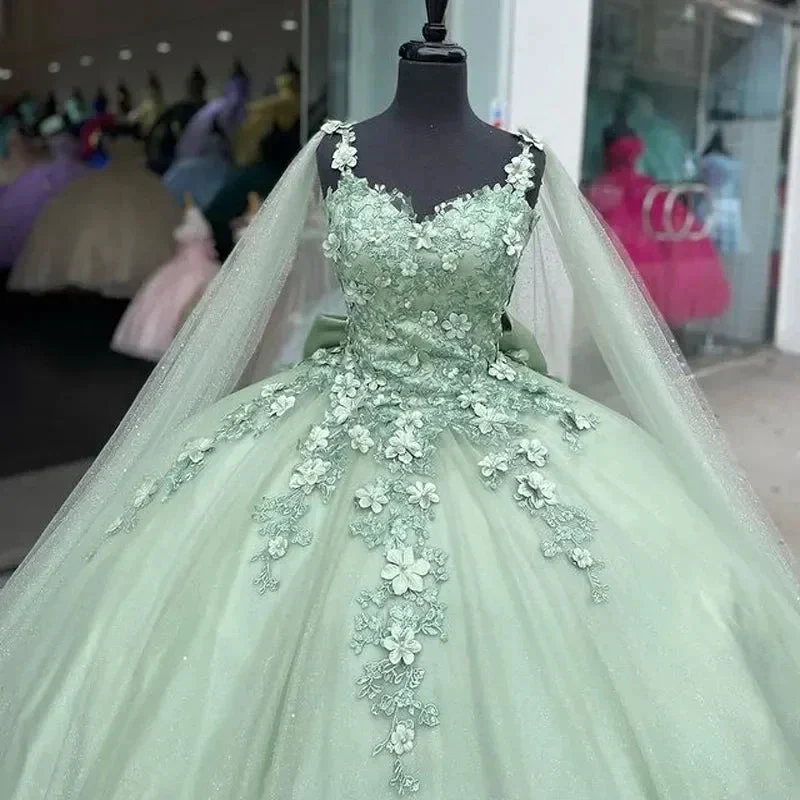 Mint Green Quinceanera Dresses 3D Flowers Ball Gown Pageant Party Sweet 15 Dress Y4481 - Image 2