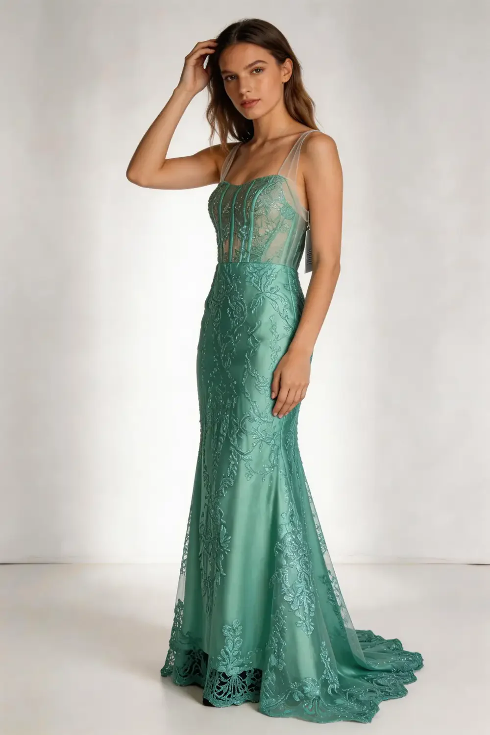 Mint Green Lace Applique Mermaid Evening Gown With Sheer Corset Bodice - Image 2