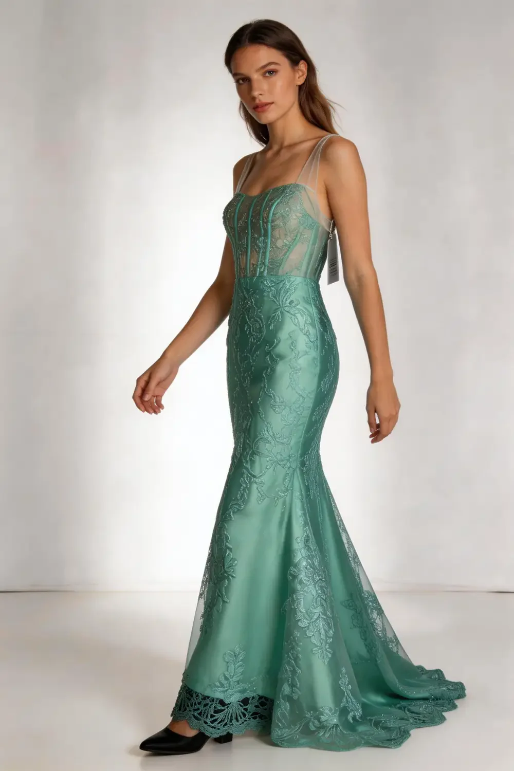 Mint Green Lace Applique Mermaid Evening Gown With Sheer Corset Bodice - Image 3