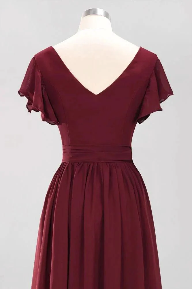 Elegant A-line V-Neck Short Sleeve Bridesmaid Dresses with Bow Sash Floor-Length Chiffon Evening Dress - Image 10