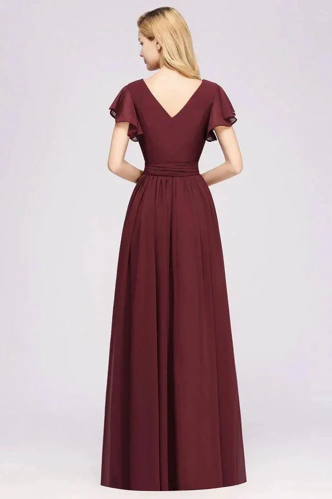 Elegant A-line V-Neck Short Sleeve Bridesmaid Dresses with Bow Sash Floor-Length Chiffon Evening Dress - Image 2