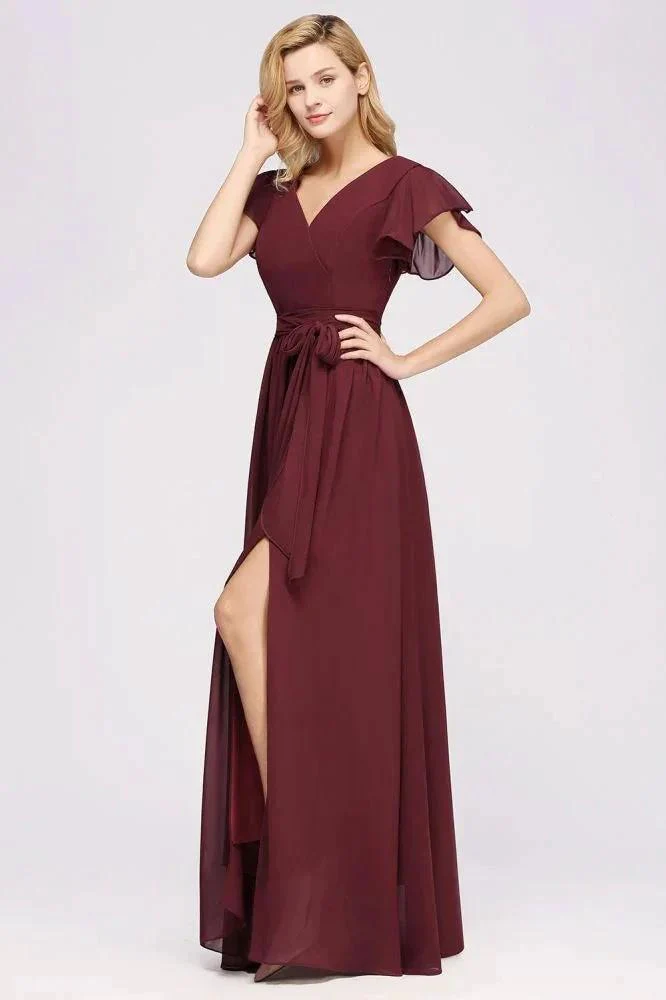Elegant A-line V-Neck Short Sleeve Bridesmaid Dresses with Bow Sash Floor-Length Chiffon Evening Dress - Image 3