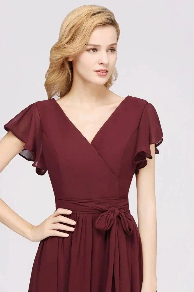 Elegant A-line V-Neck Short Sleeve Bridesmaid Dresses with Bow Sash Floor-Length Chiffon Evening Dress - Image 4
