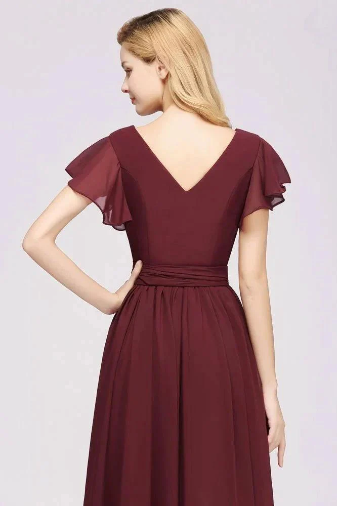 Elegant A-line V-Neck Short Sleeve Bridesmaid Dresses with Bow Sash Floor-Length Chiffon Evening Dress - Image 5