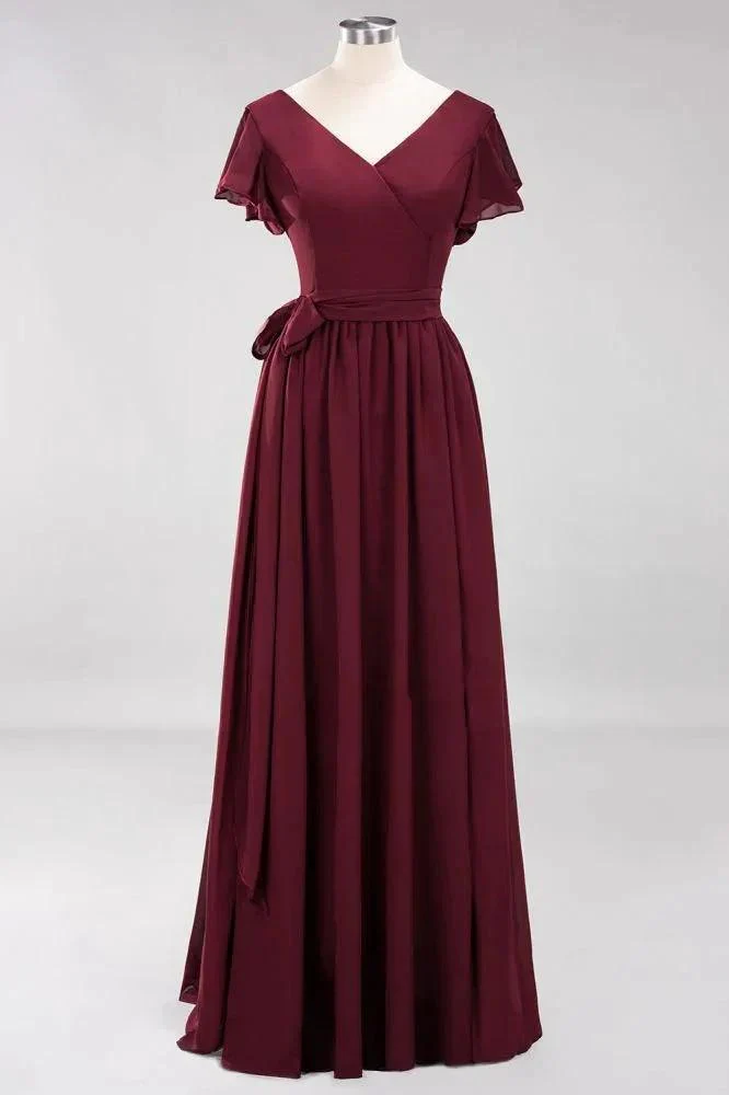 Elegant A-line V-Neck Short Sleeve Bridesmaid Dresses with Bow Sash Floor-Length Chiffon Evening Dress - Image 6