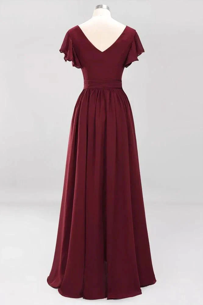 Elegant A-line V-Neck Short Sleeve Bridesmaid Dresses with Bow Sash Floor-Length Chiffon Evening Dress - Image 7