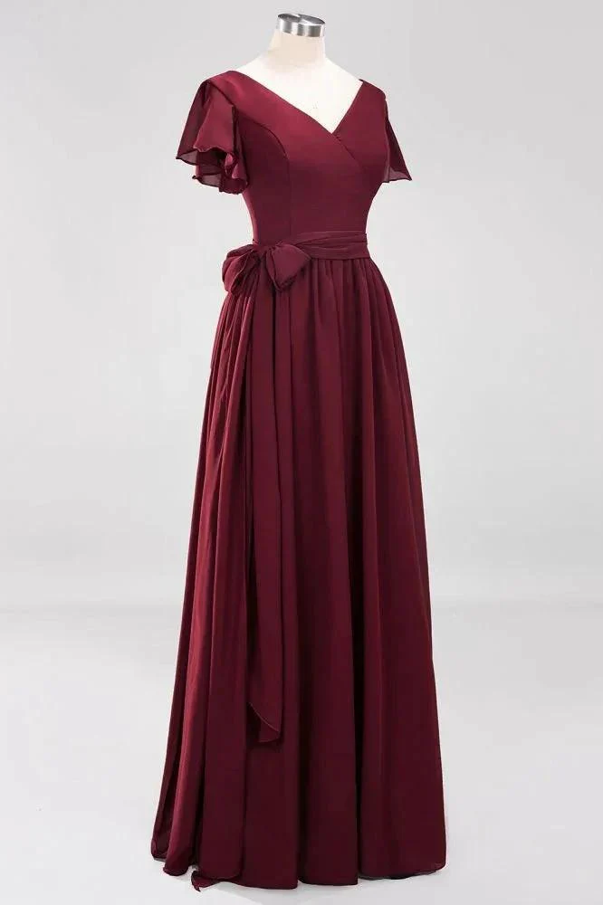 Elegant A-line V-Neck Short Sleeve Bridesmaid Dresses with Bow Sash Floor-Length Chiffon Evening Dress - Image 8