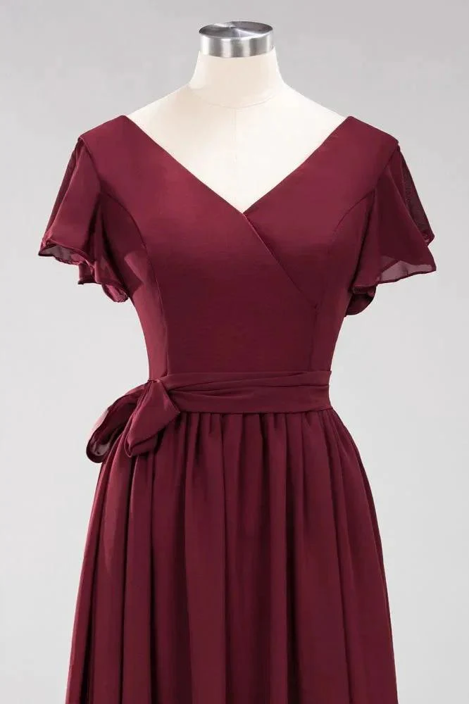 Elegant A-line V-Neck Short Sleeve Bridesmaid Dresses with Bow Sash Floor-Length Chiffon Evening Dress - Image 9