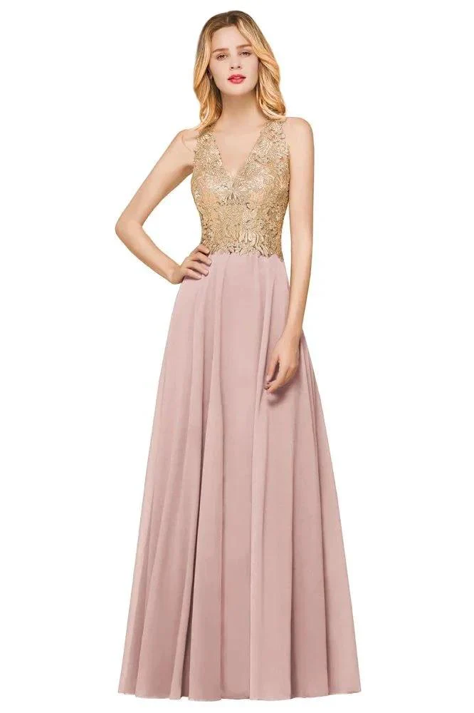 Women's Gold Appliques Evening Formal Dress Chiffon Lace Prom Long Ball Gown - Image 10