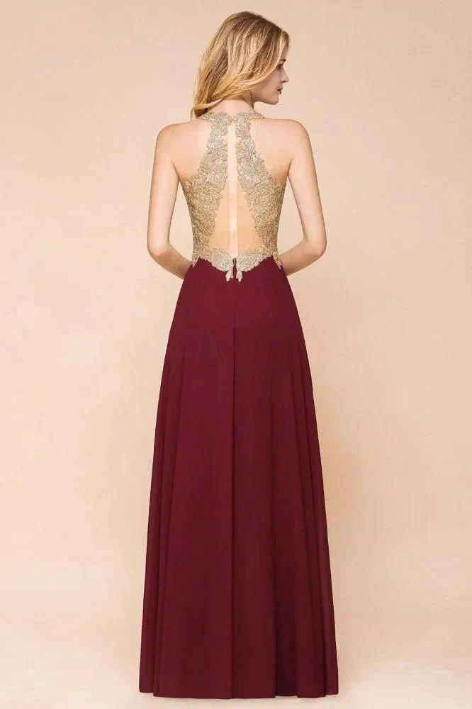 Women's Gold Appliques Evening Formal Dress Chiffon Lace Prom Long Ball Gown - Image 2