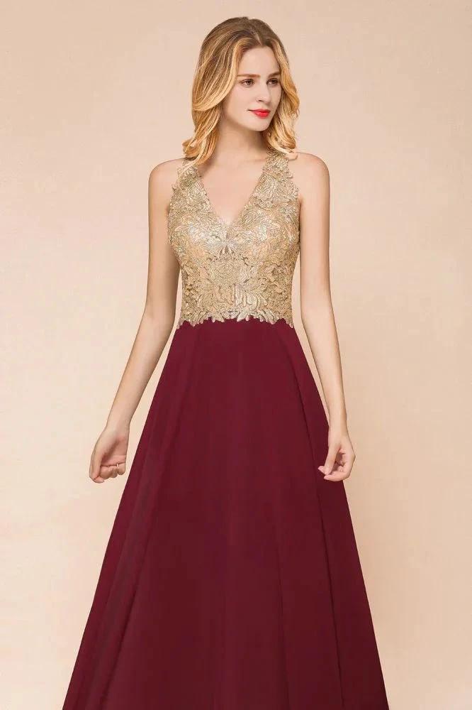 Women's Gold Appliques Evening Formal Dress Chiffon Lace Prom Long Ball Gown - Image 3