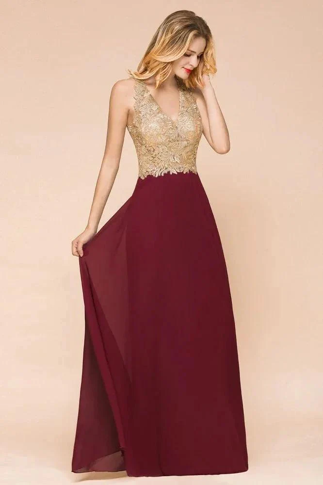 Women's Gold Appliques Evening Formal Dress Chiffon Lace Prom Long Ball Gown - Image 4