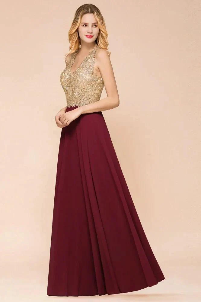 Women's Gold Appliques Evening Formal Dress Chiffon Lace Prom Long Ball Gown - Image 5
