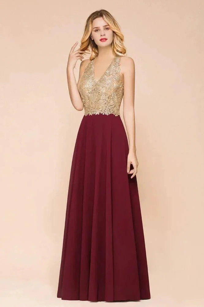 Women's Gold Appliques Evening Formal Dress Chiffon Lace Prom Long Ball Gown - Image 6