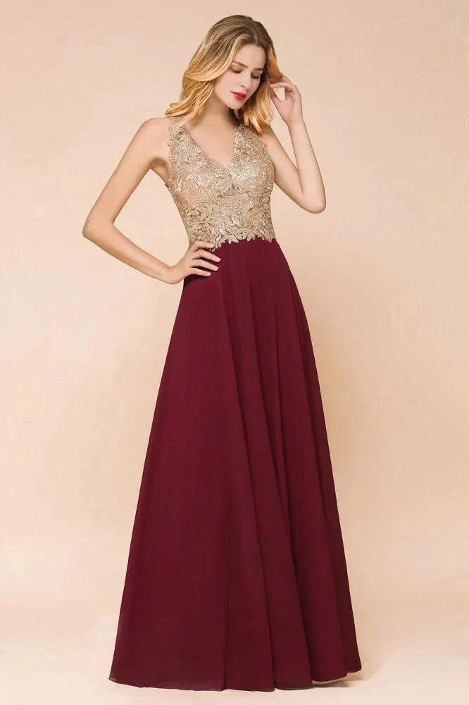 Women's Gold Appliques Evening Formal Dress Chiffon Lace Prom Long Ball Gown - Image 7