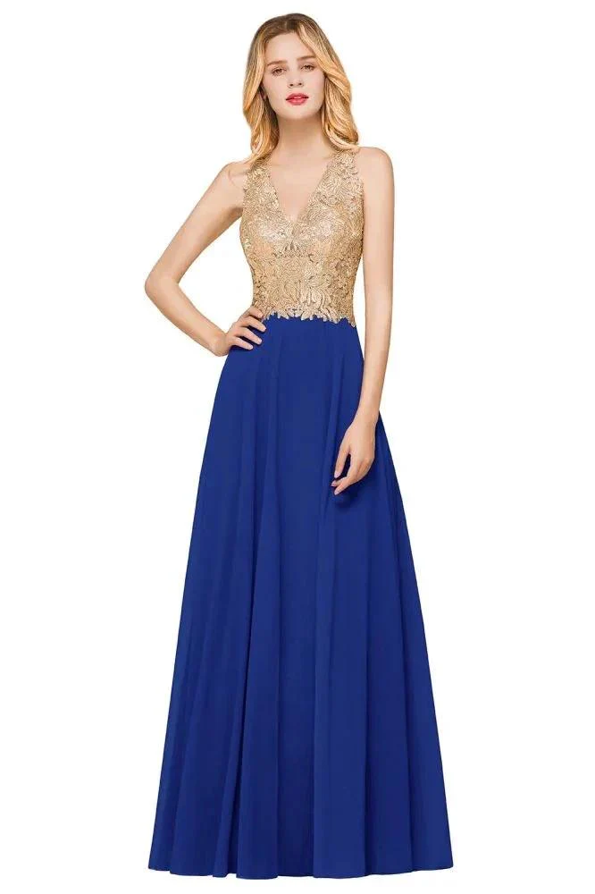 Women's Gold Appliques Evening Formal Dress Chiffon Lace Prom Long Ball Gown - Image 8