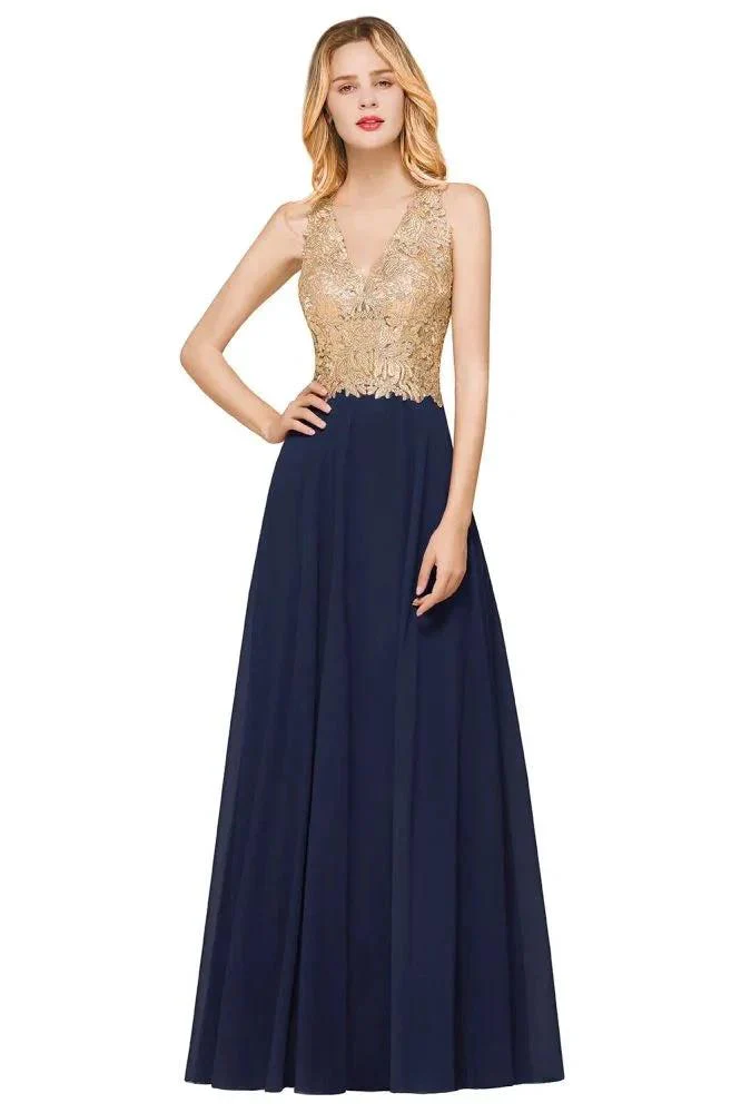 Women's Gold Appliques Evening Formal Dress Chiffon Lace Prom Long Ball Gown - Image 9