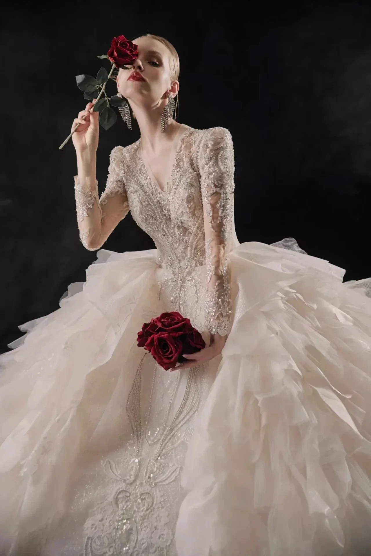 Luxurious V-Neck Ball Gown Long Lace Sleeve Beaded Embroidery Wedding Dress with Layered Ruffled Train E310 - Image 2