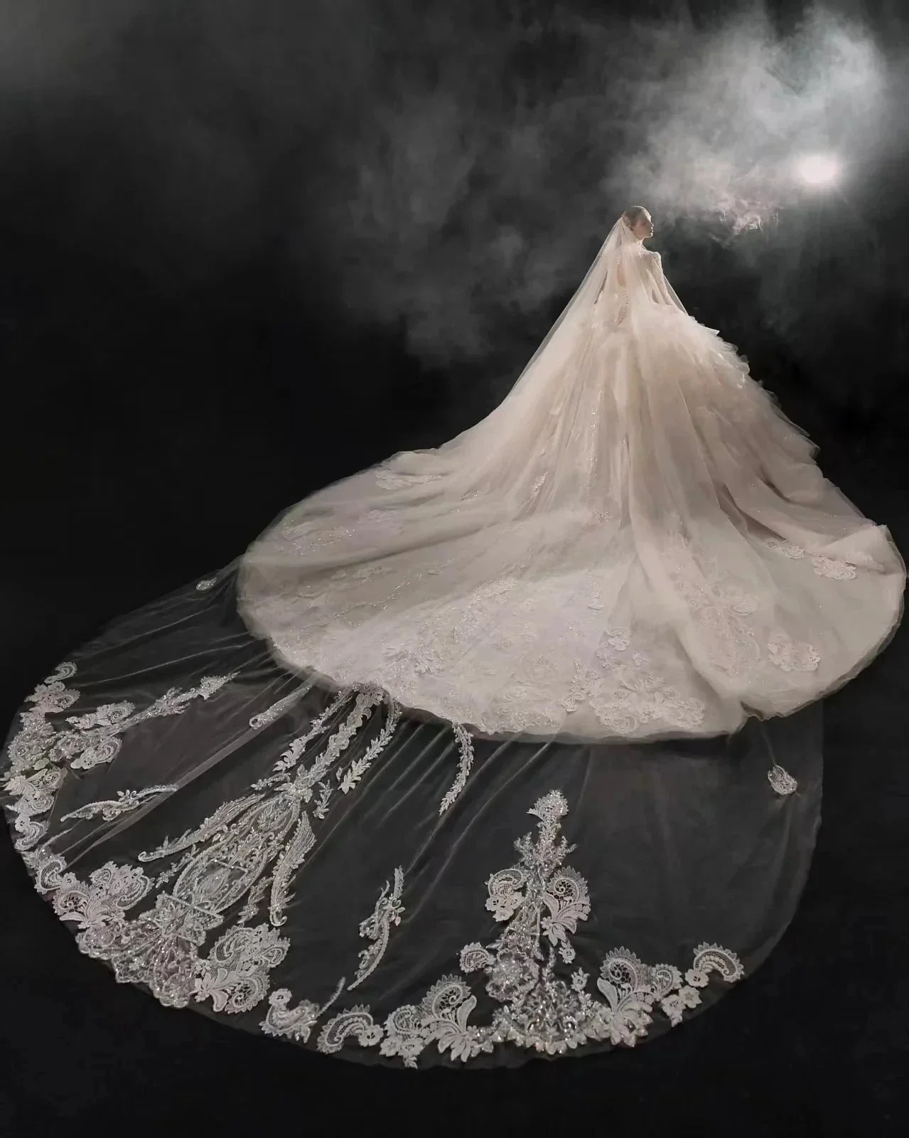 Luxurious V-Neck Ball Gown Long Lace Sleeve Beaded Embroidery Wedding Dress with Layered Ruffled Train E310 - Image 3