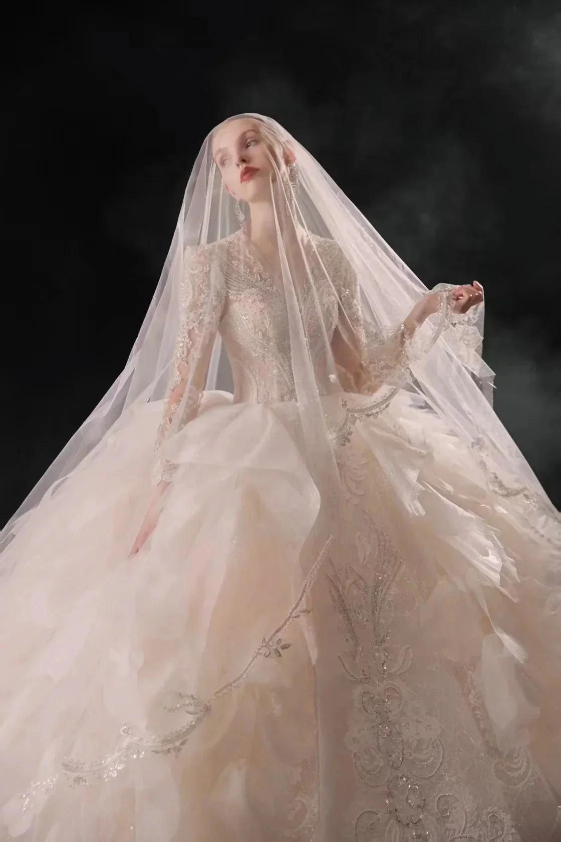 Luxurious V-Neck Ball Gown Long Lace Sleeve Beaded Embroidery Wedding Dress with Layered Ruffled Train E310 - Image 4