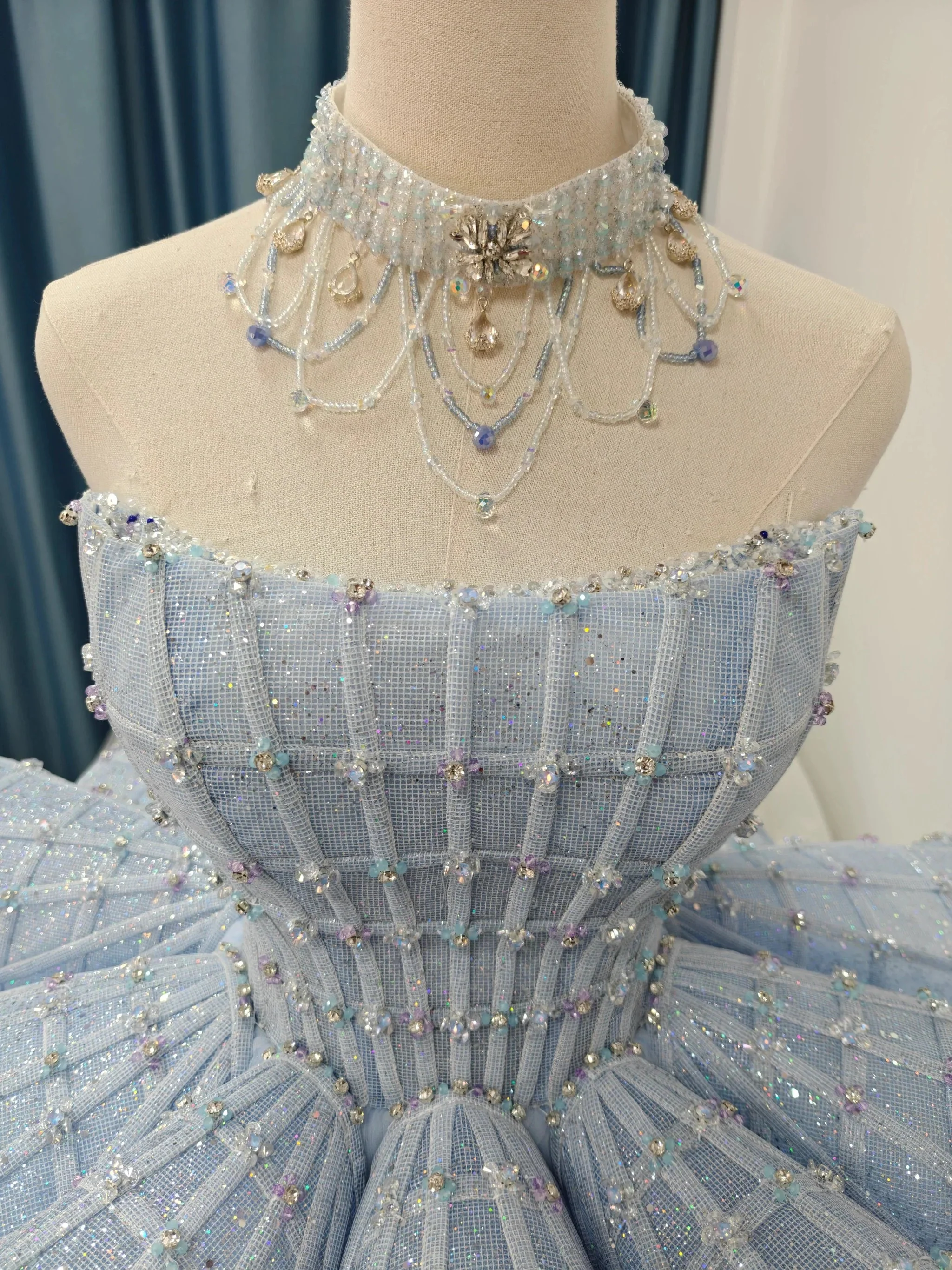 Enchanting Light Blue Ball Gown Strapless Beaded Mesh Wedding Dress with 3D Butterfly Accents Ye-2016 - Image 2