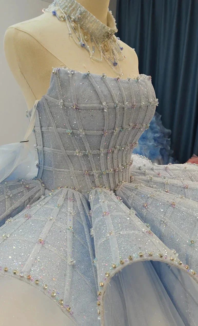 Enchanting Light Blue Ball Gown Strapless Beaded Mesh Wedding Dress with 3D Butterfly Accents Ye-2016 - Image 3