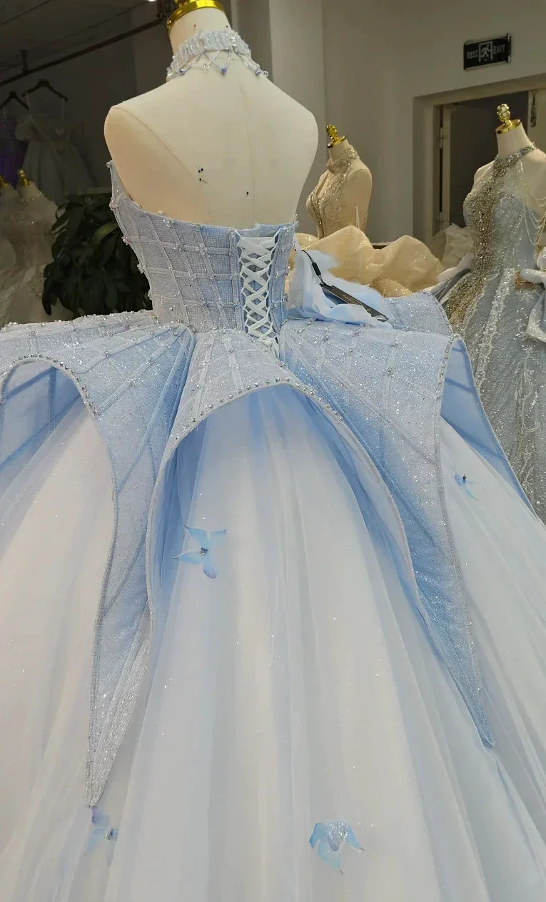Enchanting Light Blue Ball Gown Strapless Beaded Mesh Wedding Dress with 3D Butterfly Accents Ye-2016 - Image 4