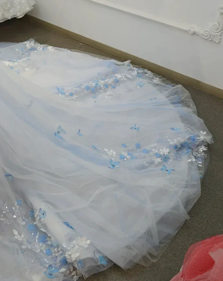 Enchanting Light Blue Ball Gown Strapless Beaded Mesh Wedding Dress with 3D Butterfly Accents Ye-2016 - Image 5