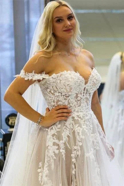 Modern A-line Off-the-shoulder Sleeveless Wedding Dresses With Lace - Image 3