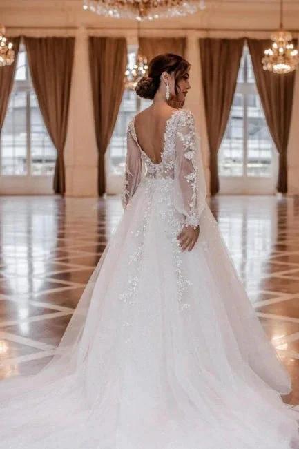 Modern A-line V-neck Lace Wedding Dresses With Long Sleeves - Image 2
