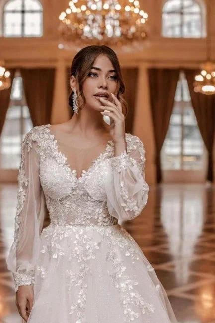 Modern A-line V-neck Lace Wedding Dresses With Long Sleeves - Image 3