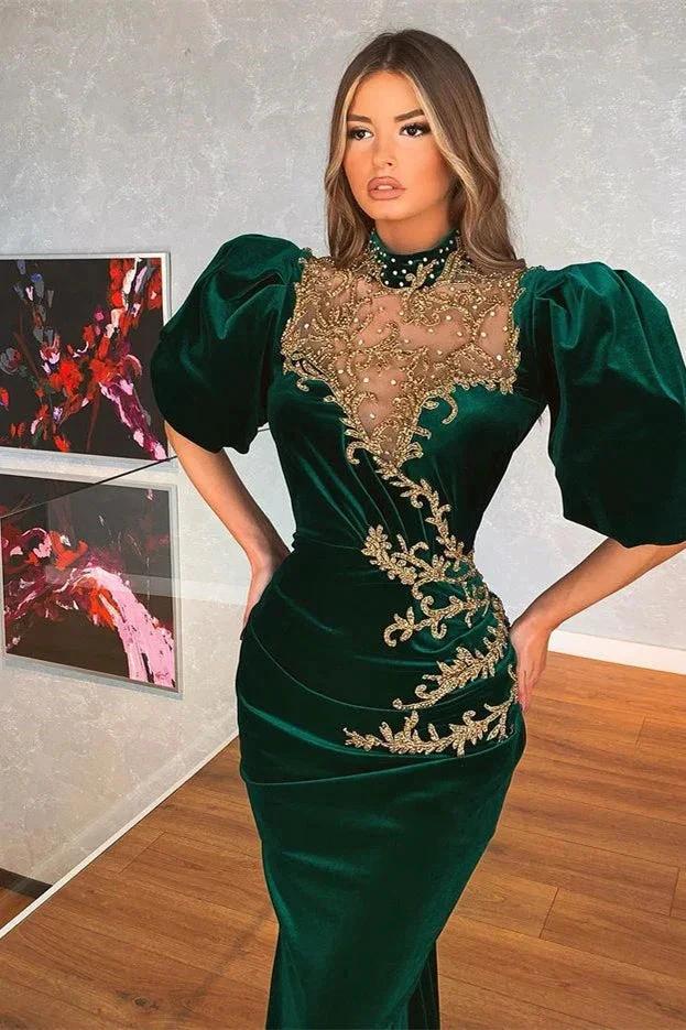Modern Dark Green Bubble Sleeves Mermaid Prom Dress With Appliques - Image 2