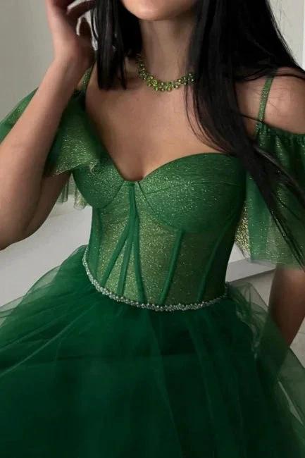 Modern Long A-line Green Off-the-shoulder Tulle Sweetheart Prom Dress with Glitter - Image 2