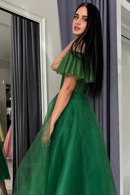 Modern Long A-line Green Off-the-shoulder Tulle Sweetheart Prom Dress with Glitter - Image 3