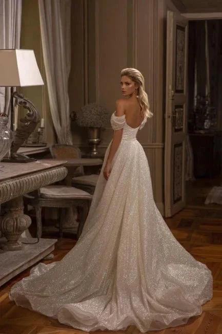 Modern Long A-line Off-the-shoulder Glitter Sleeveless Wedding Dresses - Image 2