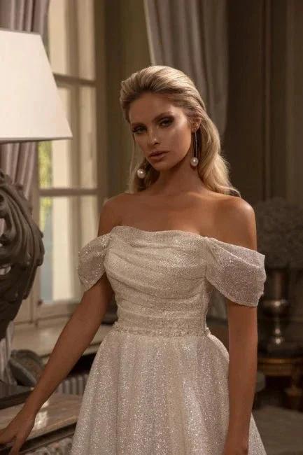 Modern Long A-line Off-the-shoulder Glitter Sleeveless Wedding Dresses - Image 3