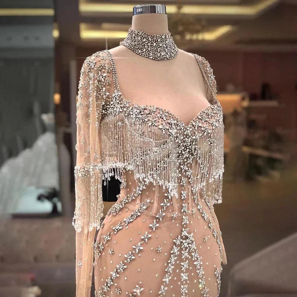 Modern Long Mermaid Beading Long Sleeves Prom Dress With Train - Image 2