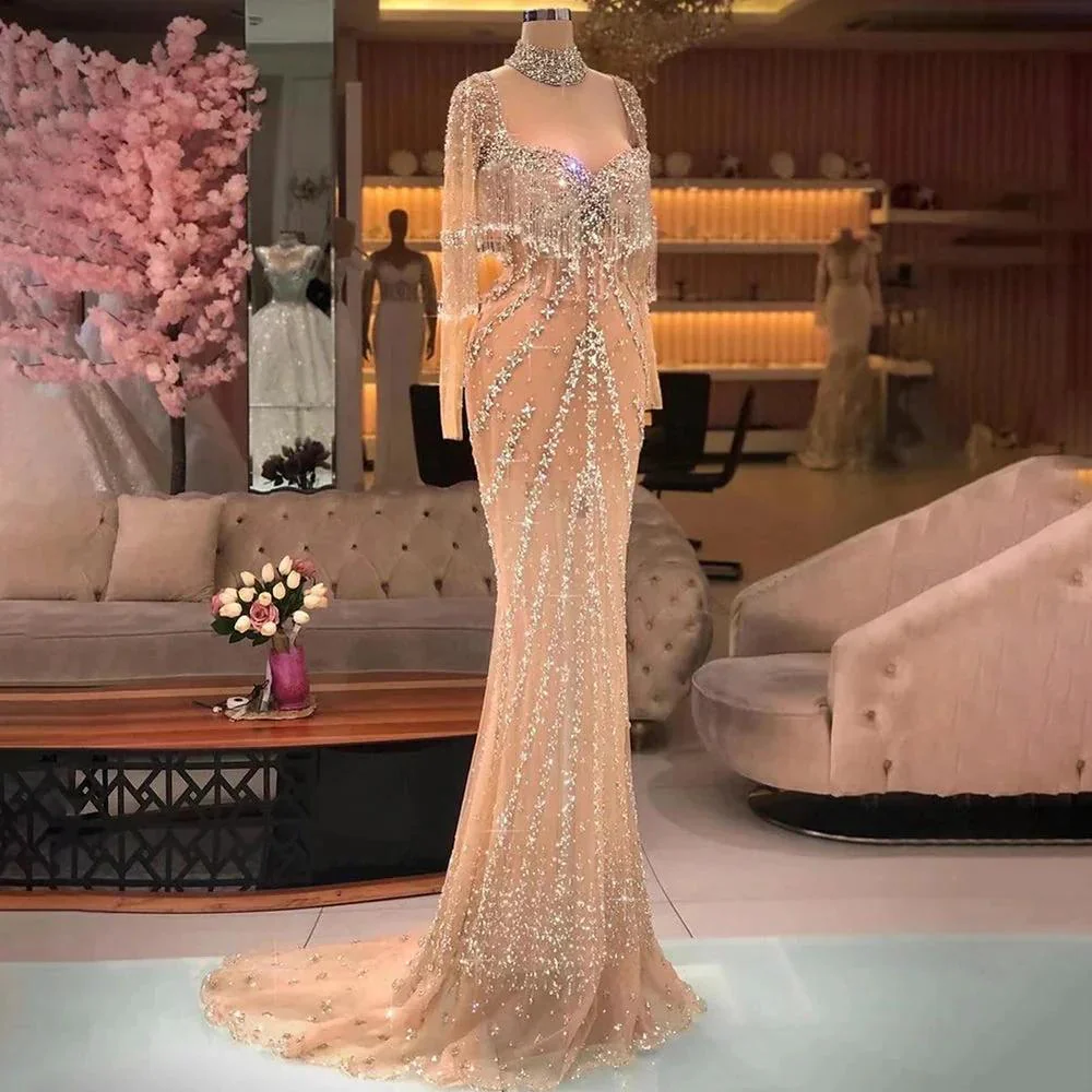 Modern Long Mermaid Beading Long Sleeves Prom Dress With Train - Image 3